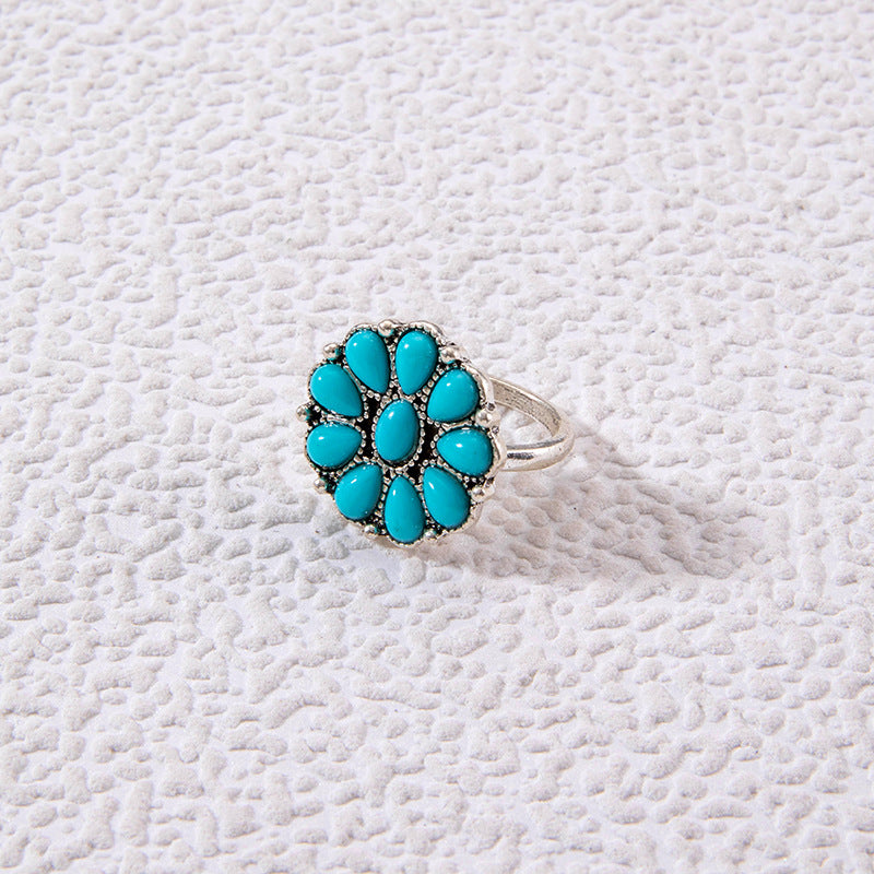 Wholesale Retro Turquoise Ring Ethnic Style Oval Cross Geometric Ring